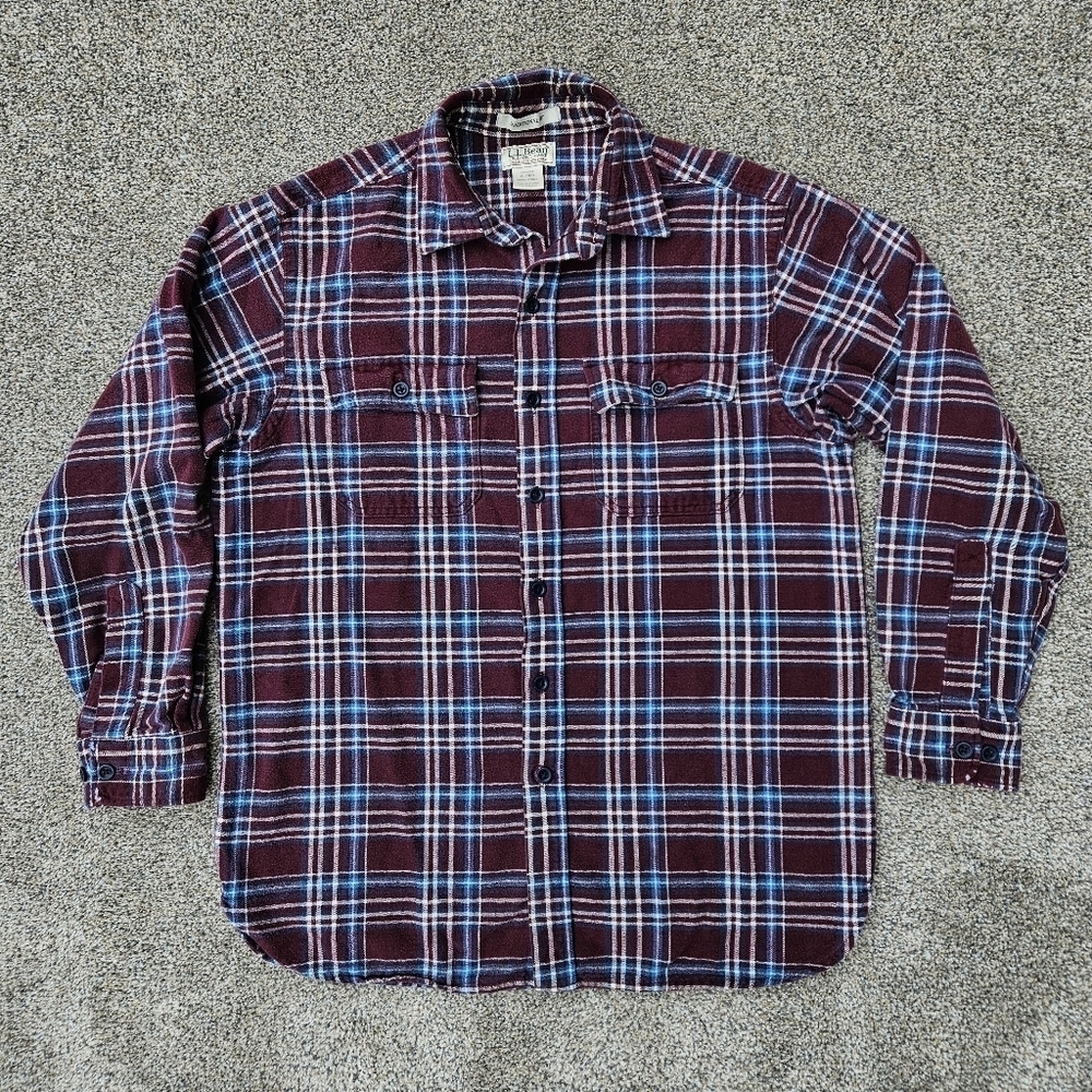LL Bean Chamois Burgundy Plaid Heavyweight Flannel Shirt Mens LS Medium Vintage